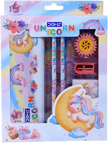 DOMS Unicorn Stationery Kit| Includes 1 Unicorn Compass Box,1 Sports Wheel Shape Eraser, 1 Sharpener, 2 Unicorn Pencils & 1 Pack of 12 Shades Wax Crayons| A Beautiful Gift for Children