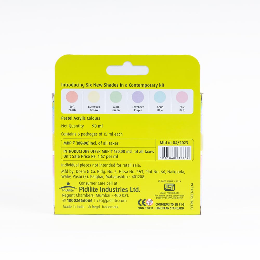 Fevicryl Multi Surface Pastel Acrylic Colours Kit 6 Shades X 15Ml | Ideal For Wood, Glass, Canvas, Metal, Plastic, Mould It | For Hobbyists, Artists, Diy Art And Craft