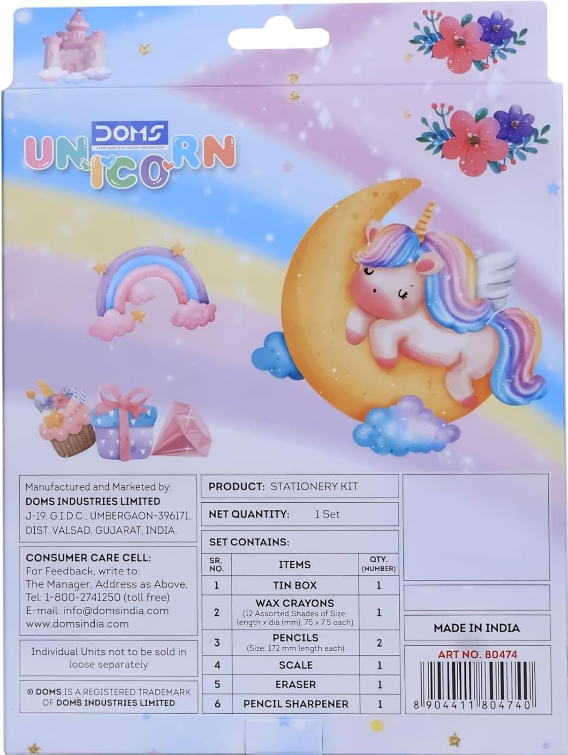 DOMS Unicorn Stationery Kit| Includes 1 Unicorn Compass Box,1 Sports Wheel Shape Eraser, 1 Sharpener, 2 Unicorn Pencils & 1 Pack of 12 Shades Wax Crayons| A Beautiful Gift for Children