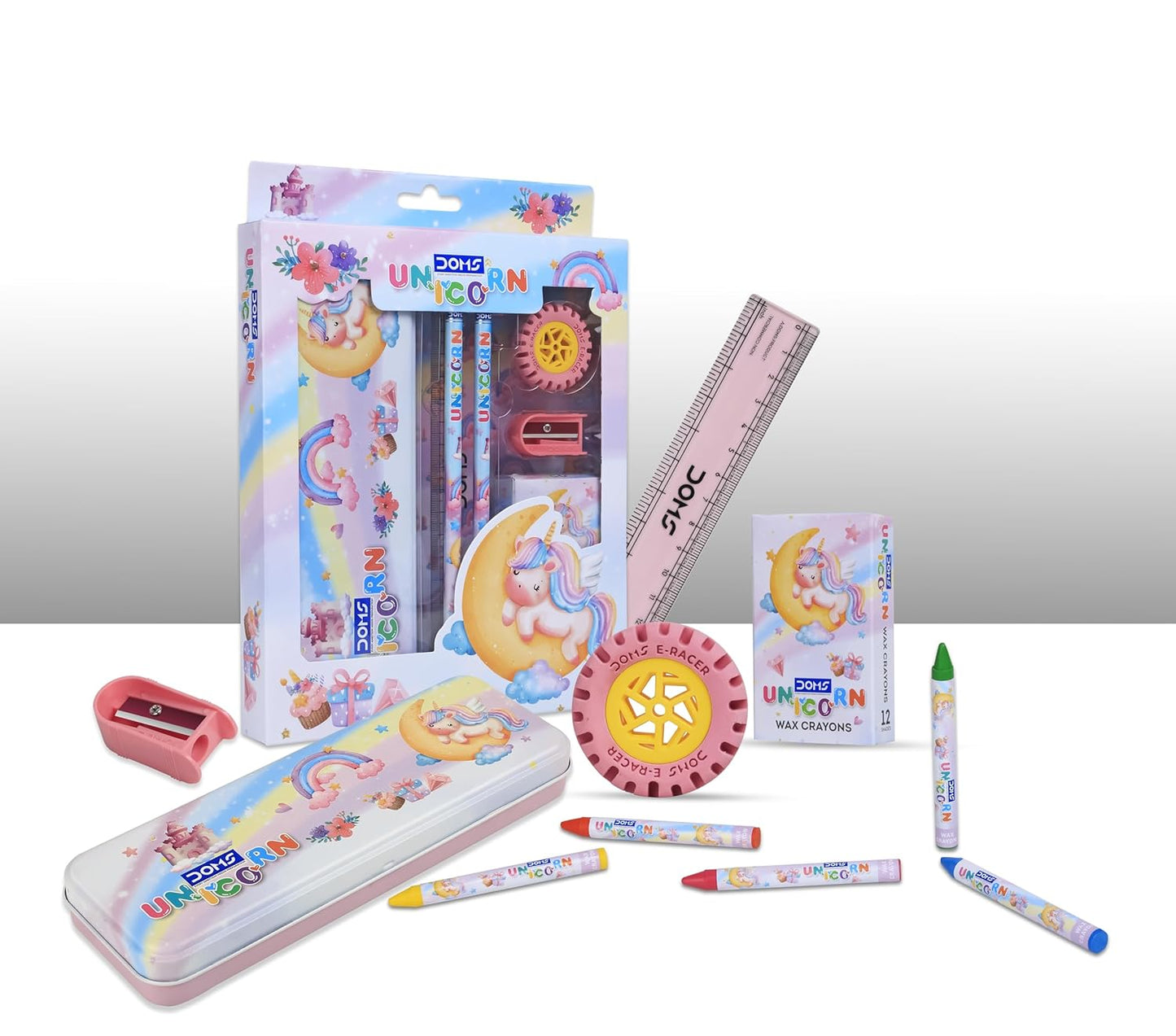 DOMS Unicorn Stationery Kit| Includes 1 Unicorn Compass Box,1 Sports Wheel Shape Eraser, 1 Sharpener, 2 Unicorn Pencils & 1 Pack of 12 Shades Wax Crayons| A Beautiful Gift for Children